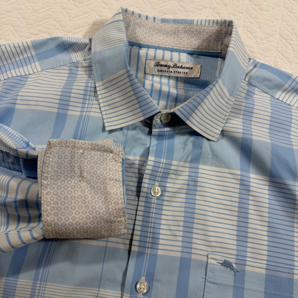 Tommy Bahama Sarasota Stretch Mens Large LS Buttoned Shirt Blue Plaid Flip Cuff